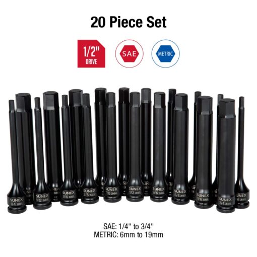 Sunex 2637L, ½" Drive, 6" Long Master Impact Hex Driver Set & Sunex 3646, 3/8 Inch Drive Low Profile Impact Hex Driver Set, 16-Piece, SAE/Metric, 1/4 Inch - 3/4 Inch, 6mm - 19mm - Image 6