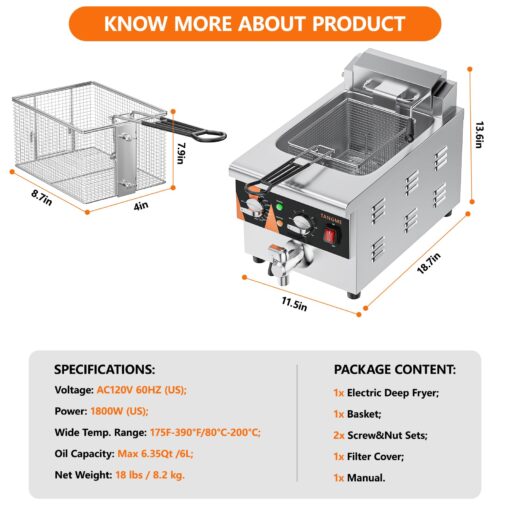 TANGME Commercial Deep Fryer with Drain Valve, 12.7Qt Electric Countertop Fryer 1800W Stainless Steel Oil Fryer with Temp & Time Control for Restaurant, UL Certified - Image 3