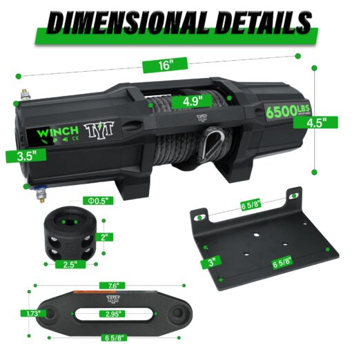 TYT 6500 lb UTV Winch Kit,12 Volt DC Electric Trailer Winch with Wireless Remote and Wired Switch,1/4" x 50FT Synthetic Rope Winch with Rubber Stopper and Mounting Plate - Image 3