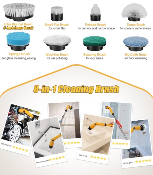 Qimedo Electric Spin Scrubber Extra Large Brush Q3,6000 mAh Best Battery Power Scrubber for Cleaning,1200RPM Shower Cordless Cleaning Brush with 8 Brushes for Bath/Tub/Tile/Floor (Smart Display) - Image 4