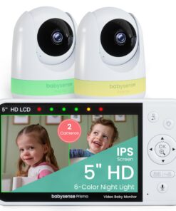 Babysense Prisma Baby Monitor with Camera and Audio, 5” HD Video Baby Monitor with 2 Cameras, 6-Color Night Light, Split Screen, Sound Machine with White Noise & Lullabies, Secure No WiFi