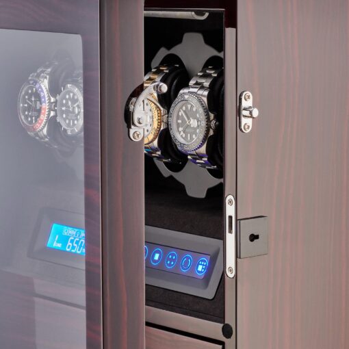 4 Watch Winder with 5 Watch Storage Space, LCD Display, Touch Control and Interior Light (Ebony + Black Velvet) - Image 2