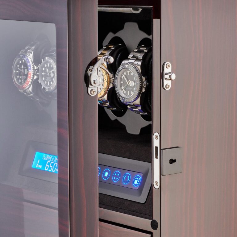 4 Watch Winder with 5 Watch Storage Space, LCD Display, Touch Control and Interior Light (Ebony + Black Velvet) - Image 2