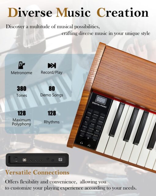 Longeye Digital Piano 88 Keys Wood Piano Keyboard Semi Weighted Electric Piano for Beginners and Professionals with Triple Pedal, Headphone, Music Rest Support MIDI Connection MOOD Walnut - Image 4