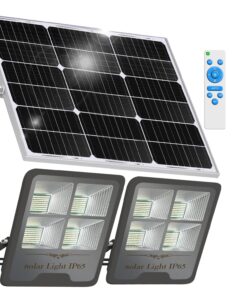 Gebosun Black 2-Pack 300W LED Solar Flood Light, Remote Controlled, Dusk to Dawn, 30,000Lumen, 6000K, IP65 Waterproof for Shed Backyard Garden