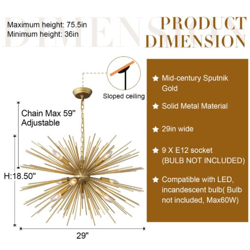 ZIRALIO Modern Gold Sputnik Chandelier Vintage 9-Lights Geometric Starburst Chandelier Light Fixture Golden Sputnik Chandelier for Dining Room, Kitchen, Bedroom, Living Room, 29in 17LB Solid Metal - Image 7