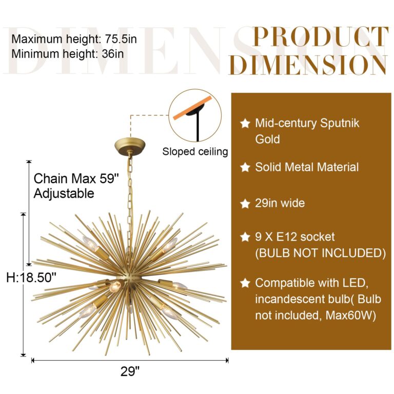ZIRALIO Modern Gold Sputnik Chandelier Vintage 9-Lights Geometric Starburst Chandelier Light Fixture Golden Sputnik Chandelier for Dining Room, Kitchen, Bedroom, Living Room, 29in 17LB Solid Metal - Image 7