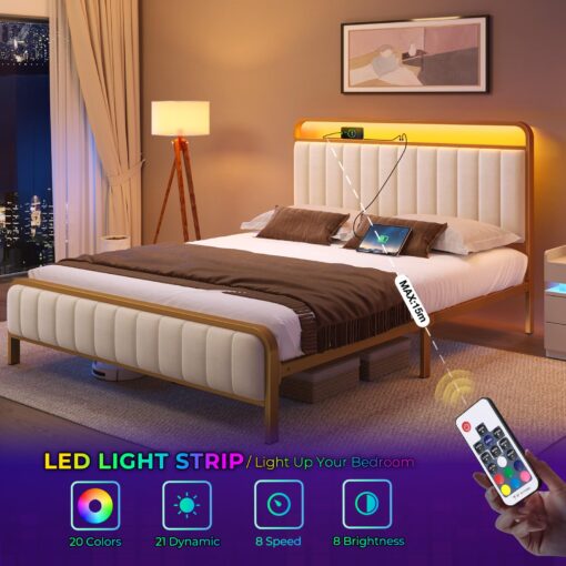 Rolanstar Full Size Bed Frame with LED Light and Charging Station, Upholstered Headboard and Footboard, Metal Slat, Noise Free, Easy Assembly, Golden - Image 7