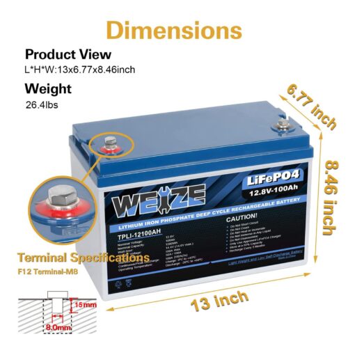 Weize 12V 100Ah LiFePO4 Lithium Battery, Built-in Smart BMS, Low Temperature Protection Group 31 Deep Cycle Battery for Trolling Motor, RV, Solar, Marine, Camping and Off Grid Applications - Image 7