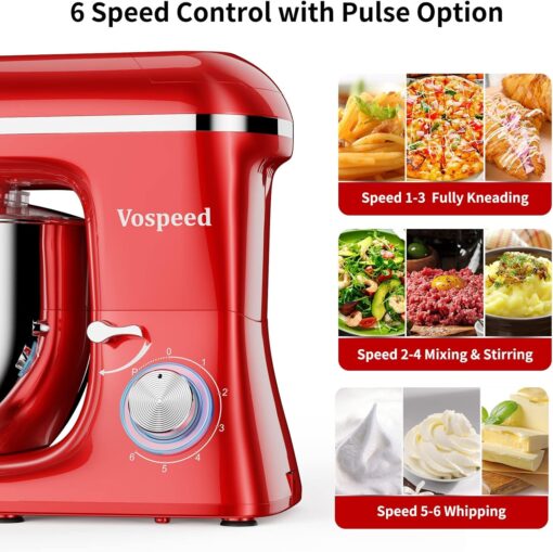 Vospeed 9 IN 1 Stand Mixer, 850W Tilt-Head Multifunctional Electric Mixer with 8 QT Stainless Steel Bowl, 1.5L Glass Jar, Meat Grinder, Hook, Whisk, Beater Dishwasher Safe (Red) - Image 7