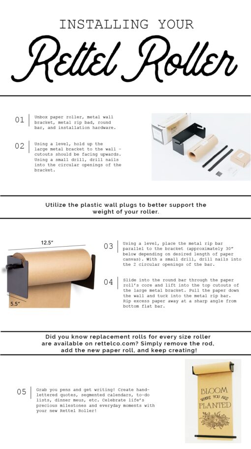 Rettel Roller Kraft Paper Roll Display, Wall Decor, Kitchen Decor, House Decor, Art Wall Mount - (1) Kraft Paper Roll Included (24 Inch, Black) - Image 2