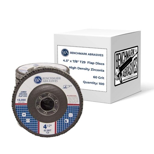 Benchmark Abrasives 4.5" x 7/8" Premium High Density Jumbo Zirconia Type 29 Flap Discs 4 1/2 for Angle Grinder, Sanding Discs, Finishing - Grinding Wheels 4 1/2 Inch (100 Pack) - 60 Grit