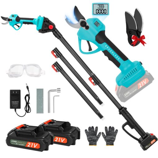 21V 2-in-1 Cordless Pole Pruning Shears, 1.6" Cutting Diameter Electric Pruning Shears with 9 ft Extension Pole, Tree Pruner with 2pcs 2.0Ah Rechargeable Lithium Battery, LCD Display Screen SK7 Blades