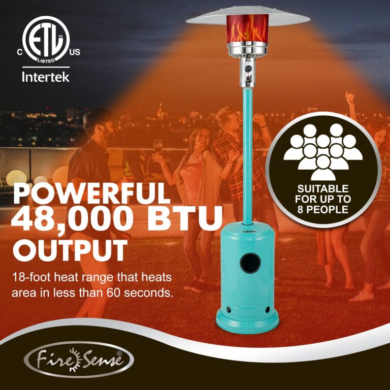 Fire Sense 61130 All Seasons Patio Heater With Wheels 46,000 BTU Output Electronic Ignition System Portable Outdoor Propane Heater Patio Heater - Aqua Blue - Image 2
