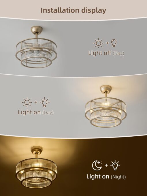 YADZSLY Gold Fandelier Ceiling Fans with Lights, 20" Gold Crystal Chandelier Ceiling Fan with Light Remote Control, Caged Mid Century with 6 Speeds for Bedroom, Living Room, Nursery - Image 4