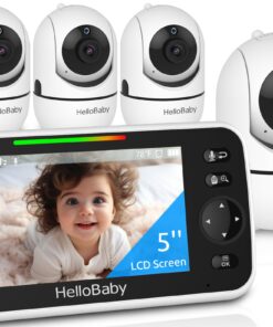 HelloBaby HB6550 5" Baby Monitor 4 Cameras No WiFi, 26-Hour Battery, Pan-Tilt-Zoom, 1000ft Range Video Audio Baby Monitor, ECO, Night Vision, 2-Way Talk, 8 Lullabies and Temperature, Ideal Gifts