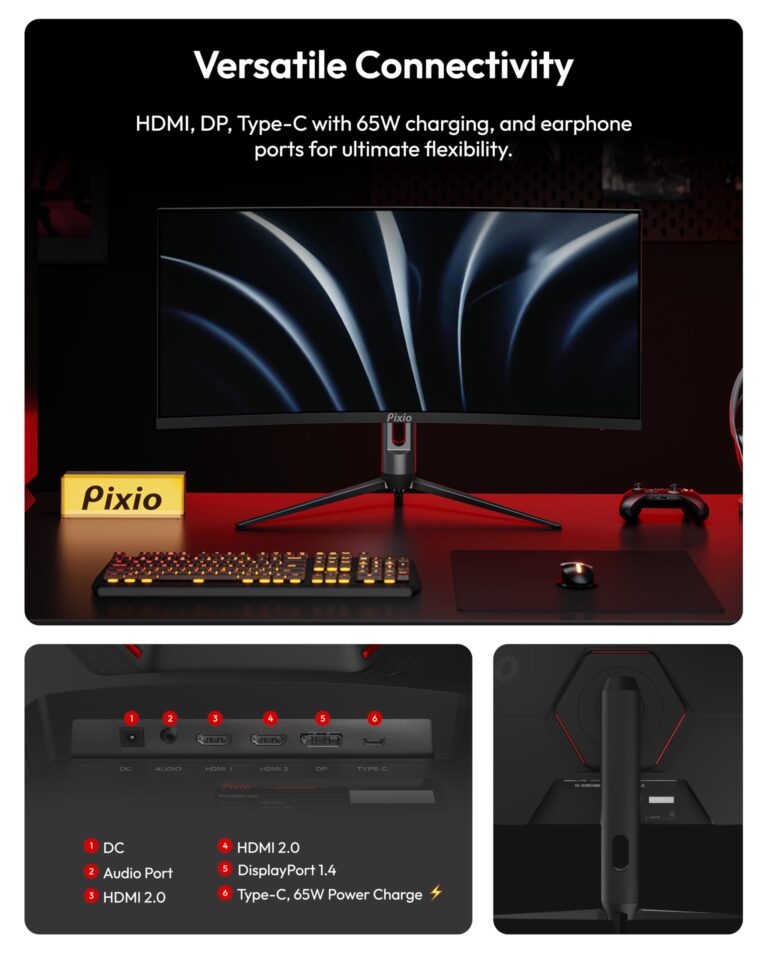 Pixio PXC348C Neo 34 inch 180Hz Refresh Rate UWQHD 1440p Ultrawide Resolution 1000R Curve Fast VA Panel 1ms Response Time USB-C Displayport 65W Charging AMD FreeSync Premium HDR Curved Gaming Monitor - Image 5