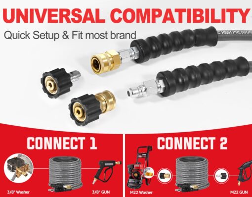 YAMATIC Non Marking 3/8" Pressure Washer Hose 150FT 4200 PSI, Kink Resistant Swivel 3/8" Quick Connect, Rubber Steel Braided Wear Resistant Industry Grade for Hot/Cold Water Gas Power Washer - Image 2