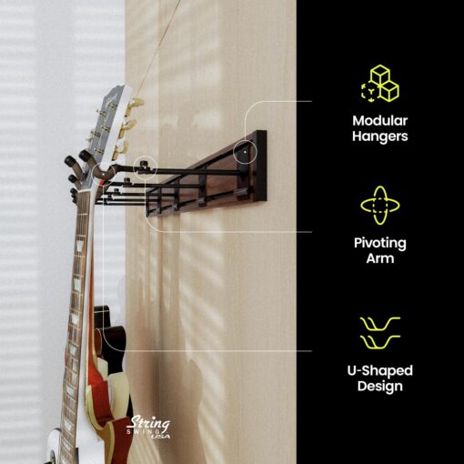 String Swing Guitar Wall Rack, Multiple Guitar Wall Mount, Guitar Organizer for Acoustic & Electric Guitars, 5 Padded Arm Hangers & Black Walnut Slatwall Rail, Wall Mount Guitar Rack - MADE IN USA - Image 6