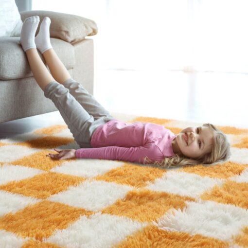 KICMOR 8x10 Area Rugs for Living Room, Large Fluffy Fuzzy Orange and Cream White Checkered Shag Rug Soft Plush Big Bedroom Carpet, Shaggy Floor Rugs for Kids Boys Girls Dorm Nursery Home Room Decor - Image 2