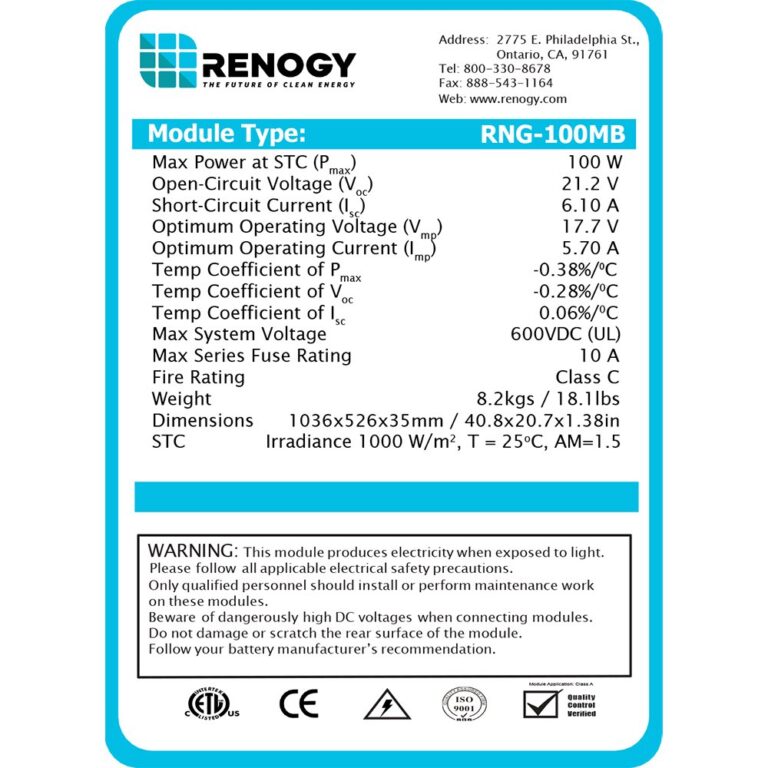 Renogy Solar Panel 100 Watt 12 Volt Eclipse Monocrystalline High-Efficiency Module PV Power for Battery Charging, Boat, Caravan, RV and Other Off-Grid Applications - Image 3