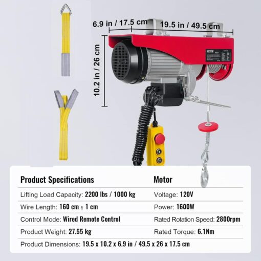 Happybuy Electric Hoist, 2200 lb Overhead Crane Garage w/Steel Hook, Remote Control & Emergency Stop Switch Ceiling Pulley Winch for Warehouse, Construction, Goods Lifting, 110V Red, 2200Lbs - Image 5
