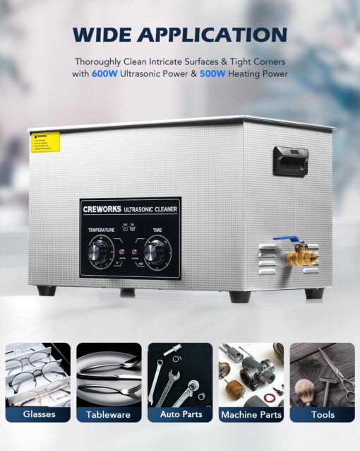 CREWORKS 30L Ultrasonic Cleaner with Heater & Timer, 600W 304 Stainless Steel Sonic Cleaner, 7.9 gal Ultrasonic Parts Cleaner with Knobs, Professional Lab Ultrasonic Cleaner for Auto Tool Machine Part - Image 6