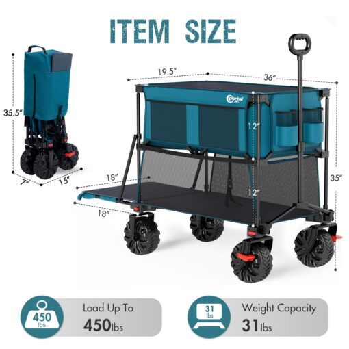 PORTAL 400L Large Capacity Collapsible Double Decker Wagon with Brakes, 450LB Heavy Duty Folding Cart with Tailgate, Foldable Utility Wagons for Camping, Beach, Garden, Sports, Shopping - Image 3