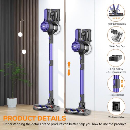 MBTTODF Cordless Vacuum Cleaner, Stick Vacuum with 2200mAh Powerful Lithium Batterie, Up to 30 Mins Runtime, 4 in 1 Lightweight Vacuum Cleaner for Home Hardwood Floors(Light Purple) - Image 4