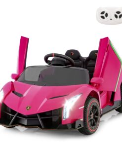 INFANS 2 Seater Kids Ride on Car, 12V 4WD Licensed Lamborghini Veneno Powered Electric Vehicle with Hydraulic Doors, Rocking Mode, Adjustable Speeds, Remote Control, MP3, Headlight (Coral)