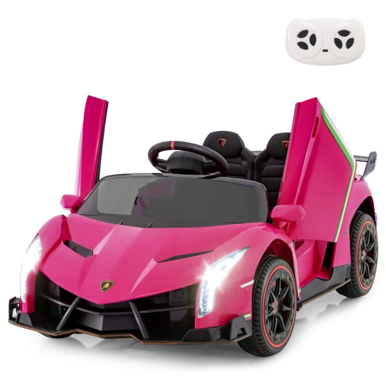 INFANS 2 Seater Kids Ride on Car, 12V 4WD Licensed Lamborghini Veneno Powered Electric Vehicle with Hydraulic Doors, Rocking Mode, Adjustable Speeds, Remote Control, MP3, Headlight (Coral)