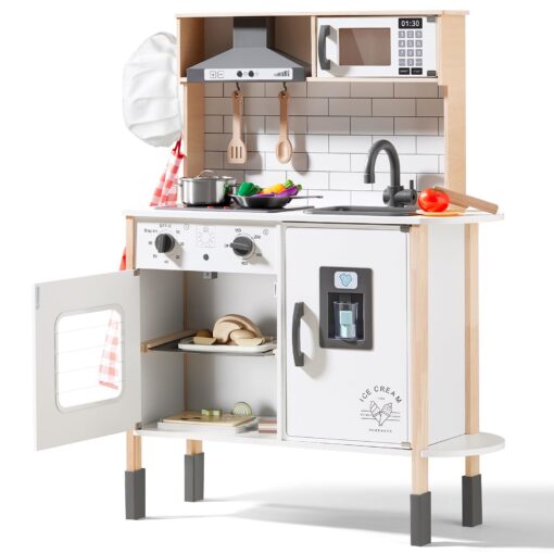 Tiny Land Play Kitchen for Kids, Wooden Kids Play Kitchen Playset Chef Pretend Play Set for Toddlers with Real Lights & Sounds, Toys Kitchen with 18 Pcs Toy Food & Cookware Accessories - Image 5