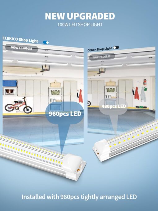 ELEKICO 8' Led Shop Lights,Super Bright 19500LM 100W 5000K 8FT Led Shop Light for Garage,Linkable 8FT Led Garage Ceiling Lights for Garage Ceiling Shop Workshop Warehouse - Image 5