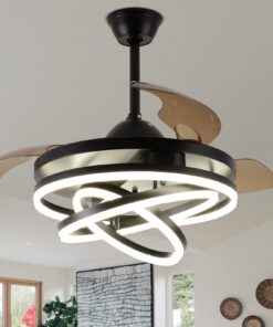 Zenouidle 42" Retractable Ceiling Fan Modern Ceiling Fans with Lights and Remote, Silent DC Motor,3 Color 6 Speed 3 Round Rings Chandelier Ceiling Fan with Lights for Bedroom Living Room(Black)