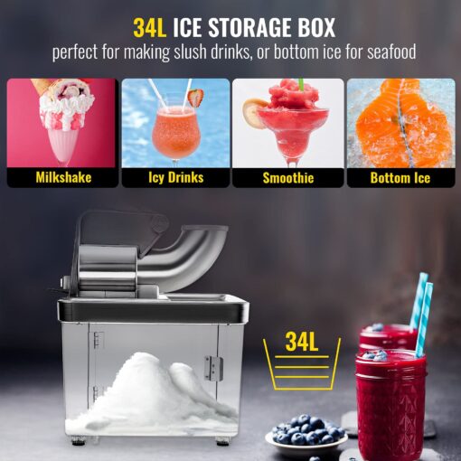 VEVOR 110V Commercial Ice Crusher 661LBS/H, ETL Approved 300W Electric Snow Cone Machine with Dual Blades, Stainless Steel Shaved Ice Machine with Safety On/Off Switch for Family, Restaurants, Bars - Image 4
