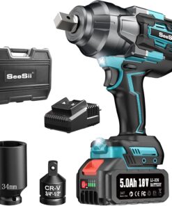 Seesii Cordless Impact Wrench, 1180Ft-lbs(1600N.m) High Torque Impact Gun 3/4", Brushless Impact Wrench w/ 5.0Ah Battery & Fast Charger, Electric Impact Wrench for Truck, Heavy-duty Project, WH1000