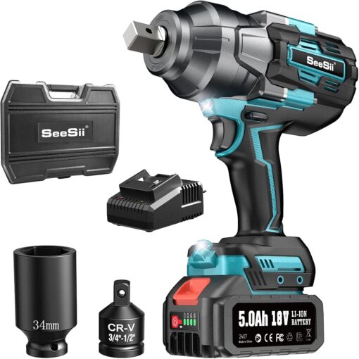 Seesii Cordless Impact Wrench, 1180Ft-lbs(1600N.m) High Torque Impact Gun 3/4", Brushless Impact Wrench w/ 5.0Ah Battery & Fast Charger, Electric Impact Wrench for Truck, Heavy-duty Project, WH1000