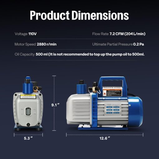 VIVOHOME 3/4 HP 7.2 CFM 110V Dual Stage HVAC Vacuum Pump for R134a R12 R22 R502 R410a Systems, Auto AC Vacuum Pump for Air Conditioner Servicing Resin Degassing with 2 Oil Bottles - Image 2