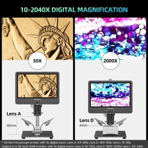 Andonstar AD249S-M Plus 10.1'' HDMI Soldering Digital Microscope for Electronics Repair, 2000x 3 Lens 2160P UHD Video Record, Soldering Microscope Station with Helping Hands, Slides, 32GB Card - Image 3