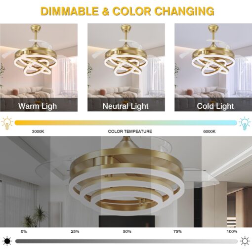 TXCSLY Retractable Ceiling Fan, 42 Inch Chandelier Ceiling Fan with Light, Modern Fandelier Ceiling Fan for Bedroom Living Room Dinning Room, Reverse Motor, 3 Color, 6 Wind Speed, Gold - Image 7