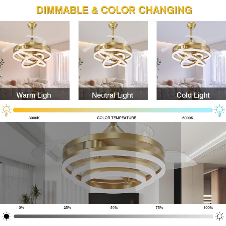 TXCSLY Retractable Ceiling Fan, 42 Inch Chandelier Ceiling Fan with Light, Modern Fandelier Ceiling Fan for Bedroom Living Room Dinning Room, Reverse Motor, 3 Color, 6 Wind Speed, Gold - Image 7