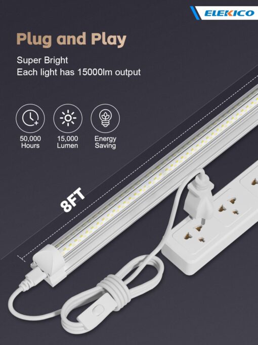 ELEKICO 12 Pack Super Bright 100w 8ft Led Shop Light, 15000lm 5000k V Shape 8' Led Shop Lights 8ft, Linkable 96" 8 Foot Shop Lights for Garage Workshop Shop Warehouse Lighting - Image 4