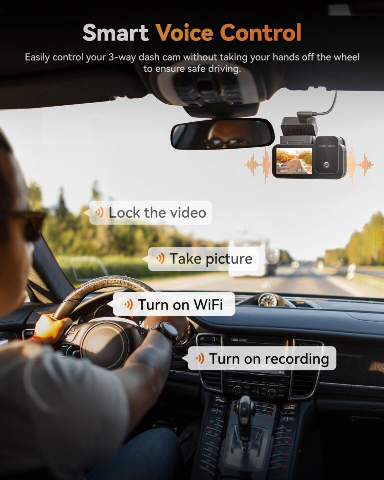 WOLFBOX X5 New 3 Channel 4K HDR Dash Cam, STARVIS 2 IMX678,4K+2.5K+1080P Front and Rear Inside Car Camera with 128GB Card, Voice Control, 5.8GHz WiFi GPS, Touch Screen, Digital Signal, Support 512GB - Image 4