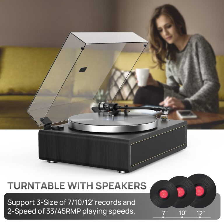 Turntable Record Player with Built-in Speakers, Vinyl Record Player Support Bluetooth Playback Auto Stop 33&45 RPM Speed RCA Line Out AUX in All-in-one Belt-Drive Turntable for Vinyl Records Black - Image 5