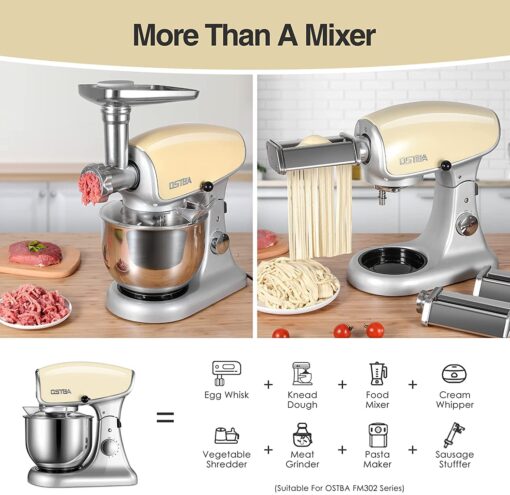 OSTBA Die-Cast Stand Mixer, 8 Speeds, 600W, 5.5Qt Tilt-Head, Stainless Steel Bowl, Dishwasher Safe, Dough Hook, Egg Whisk, Mixer Beater, Splash Guard, Almond Cream - Image 3