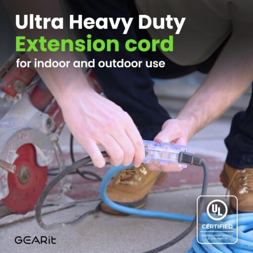 GEARit Outdoor 10 AWG Gauge 3 Prong Plug, Extension Cord, Triple Outlet Ultra Heavy Duty SJEOW, 10/3, for Indoor/Outdoor, LED Lighted Plug, Resistant Rubber Jacket, Extreme Weather, 100 Ft, Blue - Image 9