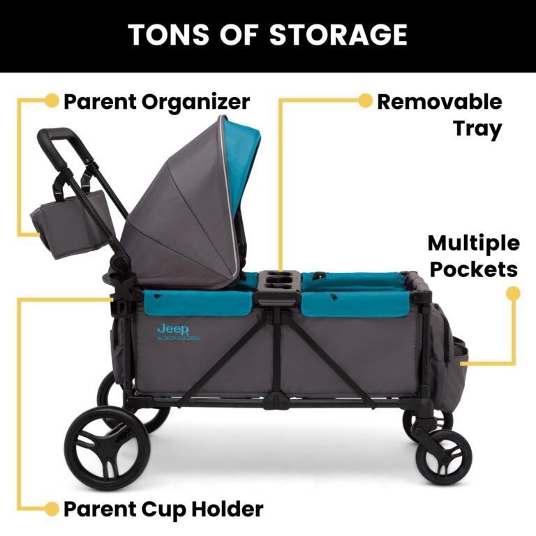 Jeep Sport All-Terrain Stroller Wagon by Delta Children - Includes Canopy, Parent Organizer, Adjustable Handlebar, Snack Tray & Cup Holders, Grey/Blue Moon - Image 7