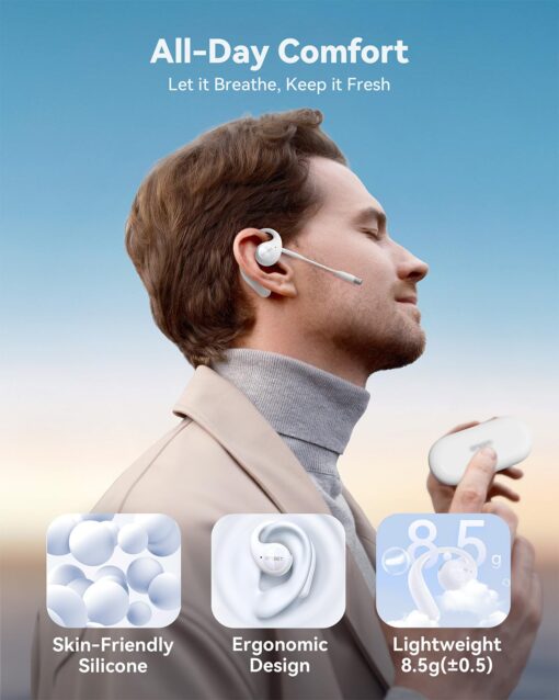 EMEET Airflow Open Ear Headphones with Mic, Bluetooth 5.3 Wireless Headsets with Detachable Microphone, ENC Noise Cancelling, Multipoint Pairing, Bluetooth Headset for Work, Home, Office（White） - Image 8