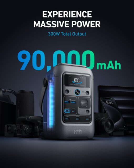 Anker SOLIX C300 DC Power Bank Station (90,000mAh) and 60W Solar Panel, 288Wh Portable Power Station, LiFePO4 Battery, 300W Solar Generator, for Outdoor, Camping, Traveling, and Emergencies - Image 8