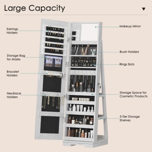 SDHYL 360° Rotating Full-Length Mirror Jewelry Cabinet - Standing Mirror with Jewelry Storage, Makeup Organizer & Lock, 63"x15", Perfect for Girls, Women, and Home Decor - Image 4